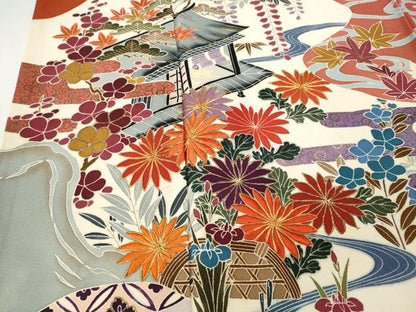 平和屋着物●豪華振袖　駒刺繍　流水風景草花文　金彩　正絹　逸品　CABH9910ut