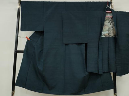 平和屋着物●男性　紬　アンサンブル　鉄御納戸色　正絹　逸品　CABH9913ut