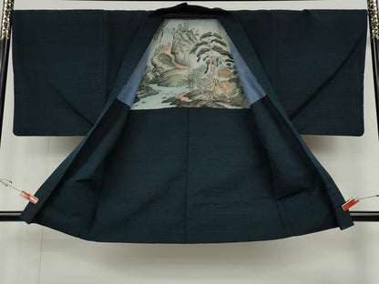 平和屋着物●男性　紬　アンサンブル　鉄御納戸色　正絹　逸品　CABH9913ut