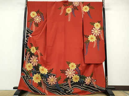 平和屋着物●豪華振袖　駒刺繍　鹿の子花文　金彩　正絹　逸品　CABH9917ut
