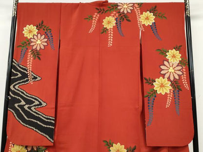 平和屋着物●豪華振袖　駒刺繍　鹿の子花文　金彩　正絹　逸品　CABH9917ut