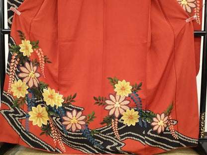 平和屋着物●豪華振袖　駒刺繍　鹿の子花文　金彩　正絹　逸品　CABH9917ut