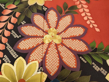 平和屋着物●豪華振袖　駒刺繍　鹿の子花文　金彩　正絹　逸品　CABH9917ut