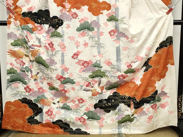 平和屋着物●豪華振袖　駒刺繍　飛鶴松竹梅文　金彩　正絹　逸品　CABH9919ut