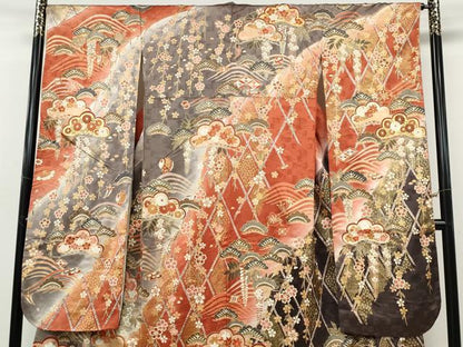 平和屋着物●豪華振袖　駒刺繍　宝尽くし松花文　暈し染め　金彩　正絹　逸品　CABH9922ut