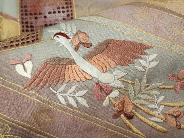 平和屋着物●中国三大刺繍　スワトウ刺繍　訪問着　飛鶴短冊花文　暈し染め　金彩　正絹　逸品　CABH9936ut