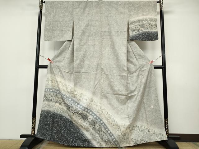 平和屋着物●訪問着　作家物　紬地　絞り　型染め　菊唐草吉祥文　正絹　逸品　CABH9945ut