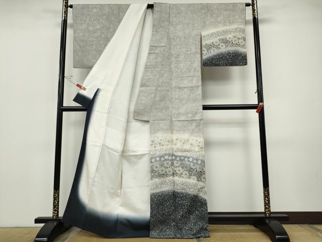 平和屋着物●訪問着　作家物　紬地　絞り　型染め　菊唐草吉祥文　正絹　逸品　CABH9945ut