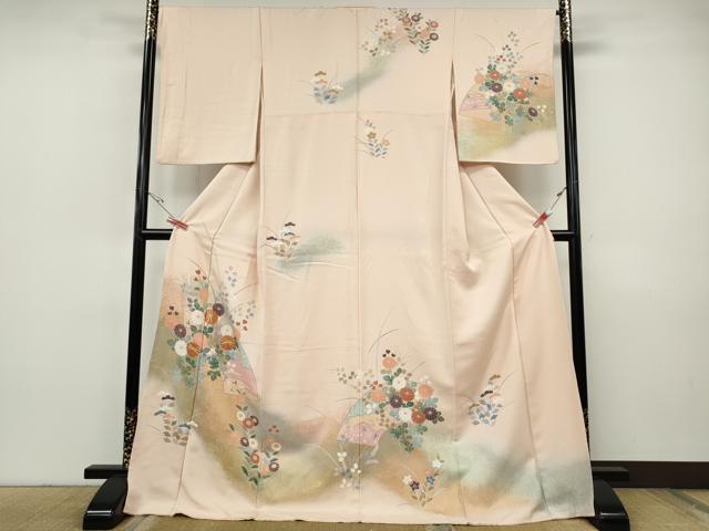 平和屋着物●訪問着　駒刺繍　地紙草花文　暈し染め　金彩　ロング丈　正絹　逸品　CABH9947ut