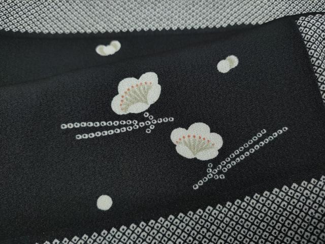 平和屋着物●上質な小紋　横段こぼれ松葉梅文　黒地　ロング丈　正絹　逸品　CABH9952ut