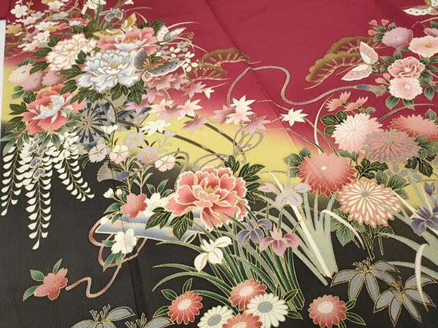 平和屋着物●豪華振袖　舞蝶花車文　暈し染め　金彩　正絹　逸品　CABH9968ut