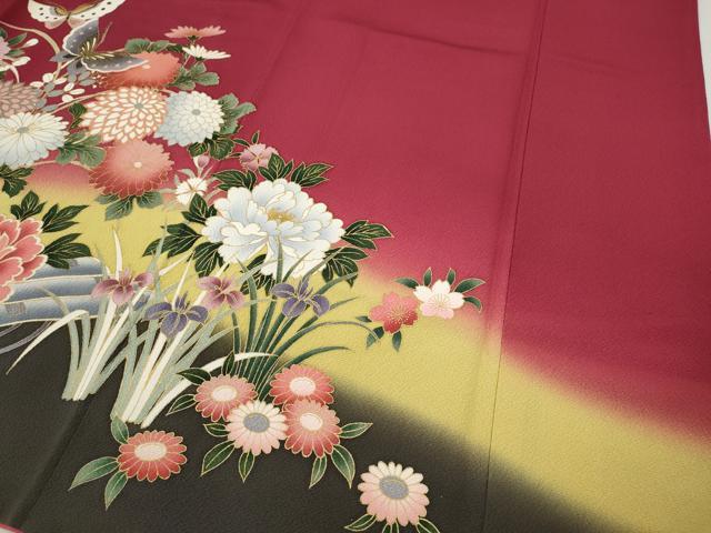 平和屋着物●豪華振袖　舞蝶花車文　暈し染め　金彩　正絹　逸品　CABH9968ut