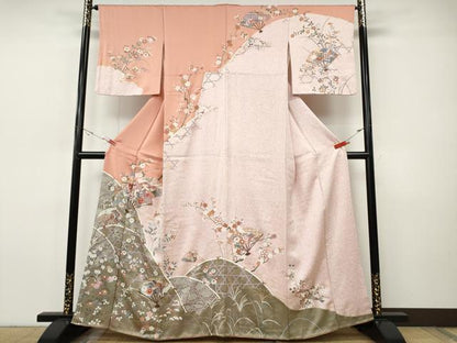 平和屋着物●訪問着　駒刺繍　扇面飛鶴草花文　金彩　正絹　逸品　CABH9971ut