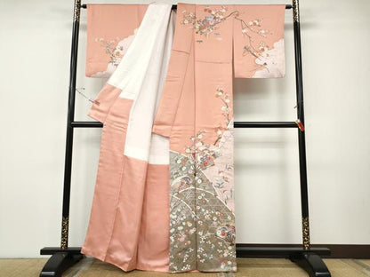 平和屋着物●訪問着　駒刺繍　扇面飛鶴草花文　金彩　正絹　逸品　CABH9971ut