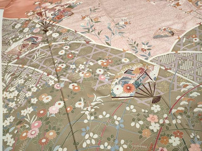 平和屋着物●訪問着　駒刺繍　扇面飛鶴草花文　金彩　正絹　逸品　CABH9971ut