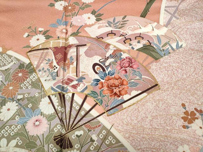 平和屋着物●訪問着　駒刺繍　扇面飛鶴草花文　金彩　正絹　逸品　CABH9971ut