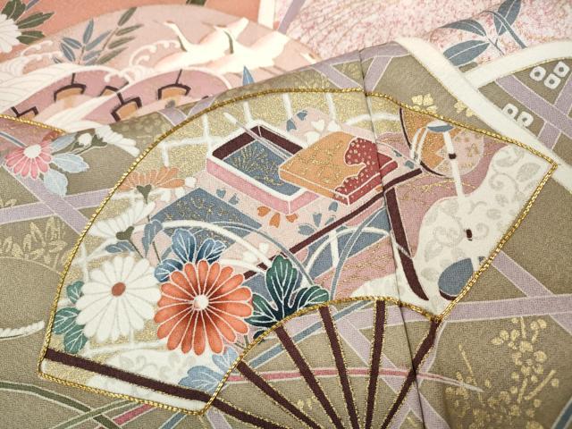 平和屋着物●訪問着　駒刺繍　扇面飛鶴草花文　金彩　正絹　逸品　CABH9971ut