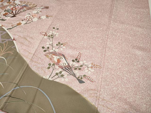 平和屋着物●訪問着　駒刺繍　扇面飛鶴草花文　金彩　正絹　逸品　CABH9971ut