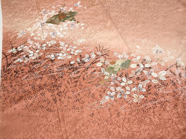 平和屋着物●訪問着　地紙流水草花文　シルエット　暈し染め　金彩　ロング丈　正絹　逸品　未使用　CABH9986ut