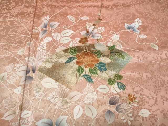 平和屋着物●訪問着　地紙流水草花文　シルエット　暈し染め　金彩　ロング丈　正絹　逸品　未使用　CABH9986ut