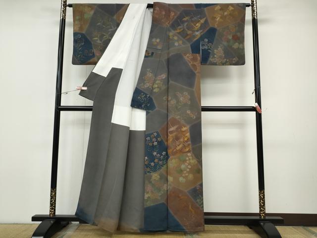 平和屋着物●訪問着　手描き　切嵌飛鶴鹿草花文　金彩　正絹　逸品　CABH9989ut