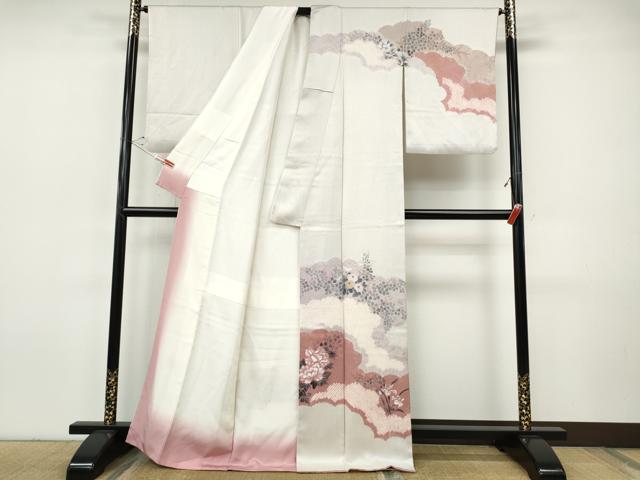 平和屋着物●訪問着　手描き　絞り　雲重ね草花文　金銀彩　正絹　逸品　CABH9998ut