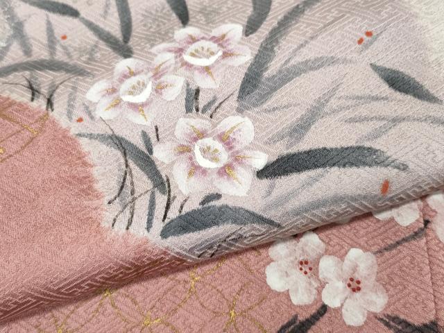 平和屋着物●訪問着　手描き　絞り　雲重ね草花文　金銀彩　正絹　逸品　CABH9998ut