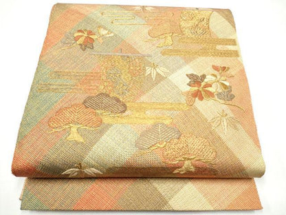 平和屋着物●ひなや工房　くむ・あむ・おる　伊豆蔵明彦　太鼓柄袋帯　刺繍　エ霞草花文　金糸　証紙付き　正絹　逸品　CABI0046hy