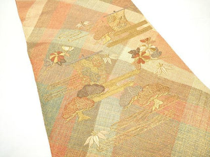 平和屋着物●ひなや工房　くむ・あむ・おる　伊豆蔵明彦　太鼓柄袋帯　刺繍　エ霞草花文　金糸　証紙付き　正絹　逸品　CABI0046hy