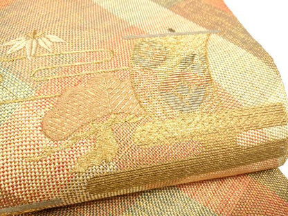 平和屋着物●ひなや工房　くむ・あむ・おる　伊豆蔵明彦　太鼓柄袋帯　刺繍　エ霞草花文　金糸　証紙付き　正絹　逸品　CABI0046hy