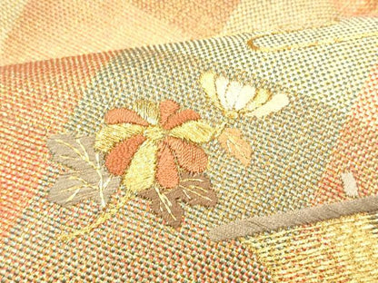 平和屋着物●ひなや工房　くむ・あむ・おる　伊豆蔵明彦　太鼓柄袋帯　刺繍　エ霞草花文　金糸　証紙付き　正絹　逸品　CABI0046hy