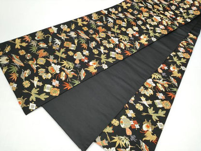平和屋着物●六通柄袋帯　唐織　飛鶴宝尽くし文　黒地　金糸　正絹　逸品　CABI0091hy