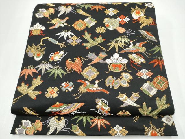 平和屋着物●六通柄袋帯　唐織　飛鶴宝尽くし文　黒地　金糸　正絹　逸品　CABI0091hy