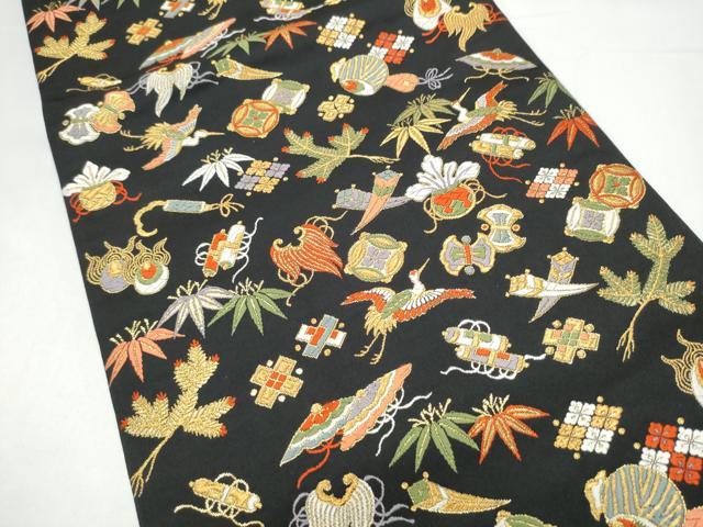 平和屋着物●六通柄袋帯　唐織　飛鶴宝尽くし文　黒地　金糸　正絹　逸品　CABI0091hy