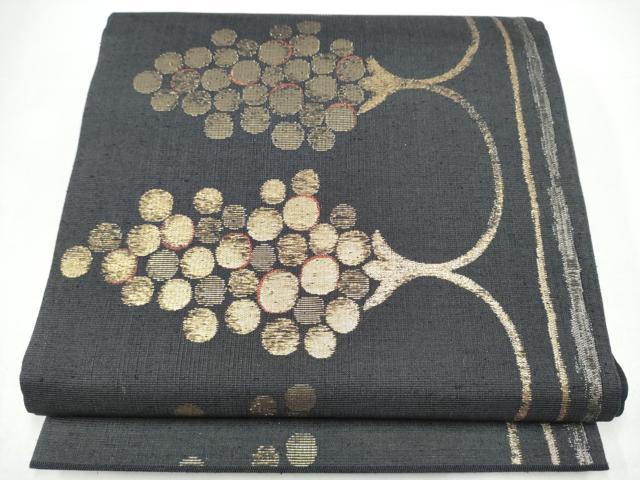 平和屋着物●六通柄袋帯　葡萄　黒地　金糸　正絹　逸品　CABI0093hy