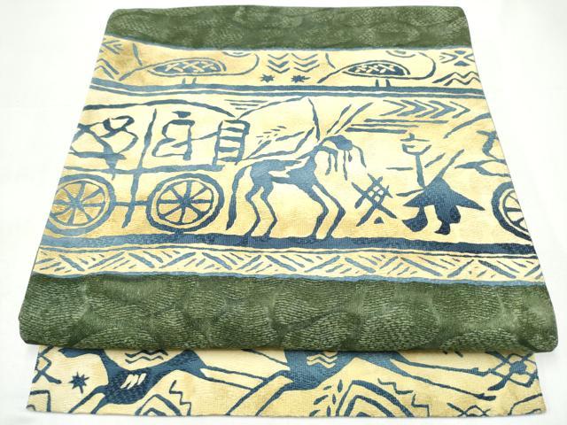 平和屋着物●全通柄袋帯　人物風景文　正絹　逸品　CABI0099hy