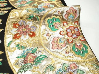 平和屋着物●六通柄　本袋帯　天平華文錦　黒地　金糸　正絹　逸品　CABI0112hy