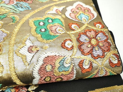 平和屋着物●六通柄　本袋帯　天平華文錦　黒地　金糸　正絹　逸品　CABI0112hy