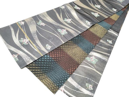 平和屋着物●両面六通柄袋帯　枝花文　銀彩　正絹　逸品　CABI0113hy