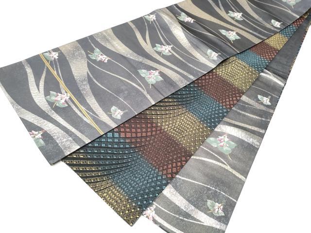 平和屋着物●両面六通柄袋帯　枝花文　銀彩　正絹　逸品　CABI0113hy