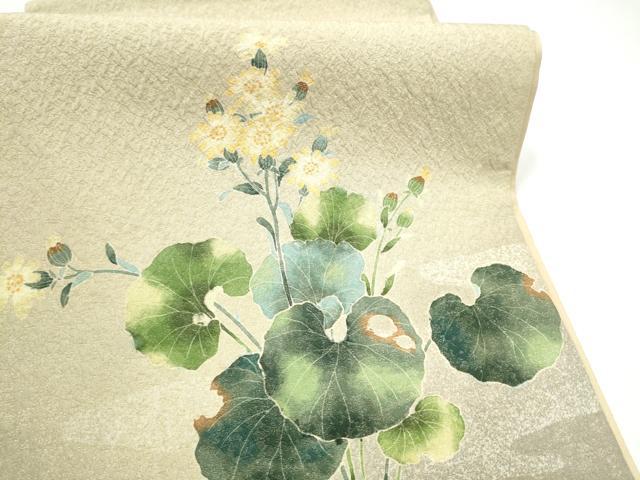 平和屋着物●友禅作家　茂野大生　太鼓柄袋帯　草花文　金通し地　正絹　逸品　CABI0114hy