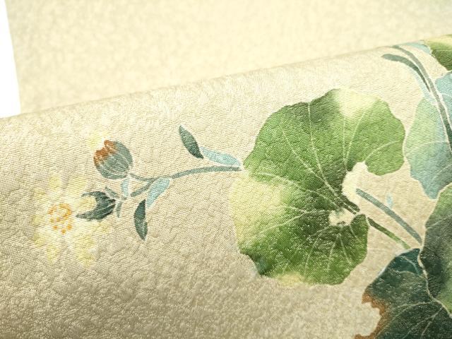 平和屋着物●友禅作家　茂野大生　太鼓柄袋帯　草花文　金通し地　正絹　逸品　CABI0114hy