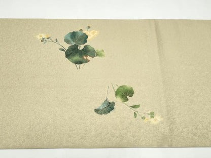 平和屋着物●友禅作家　茂野大生　太鼓柄袋帯　草花文　金通し地　正絹　逸品　CABI0114hy