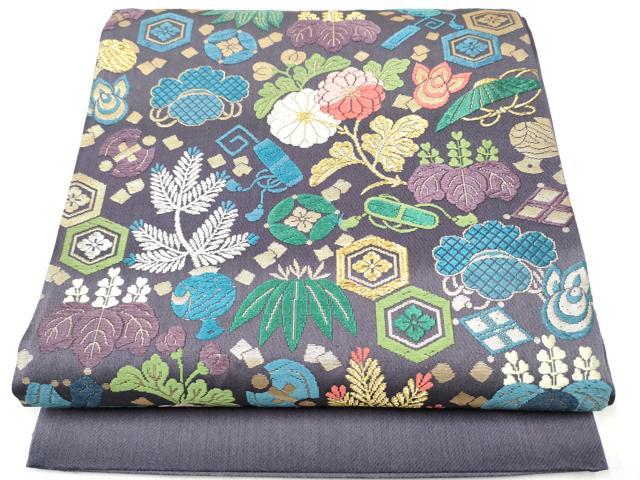 平和屋着物●西陣　六通柄袋帯　唐織　草花文　金糸　証紙付き　正絹　逸品　CABI0115hy