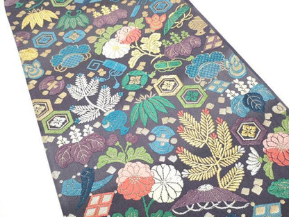 平和屋着物●西陣　六通柄袋帯　唐織　草花文　金糸　証紙付き　正絹　逸品　CABI0115hy