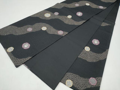 平和屋着物●六通柄袋帯　フクロウ　小花散らし　黒地　正絹　逸品　CABI0126hy