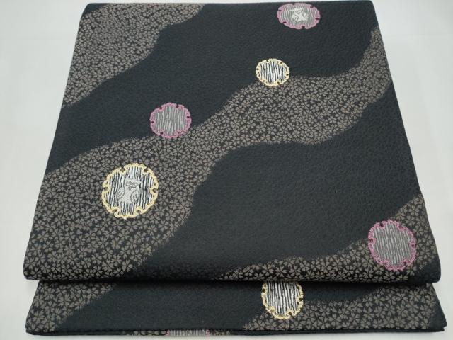 平和屋着物●六通柄袋帯　フクロウ　小花散らし　黒地　正絹　逸品　CABI0126hy