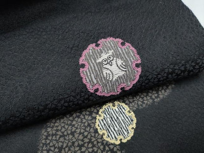 平和屋着物●六通柄袋帯　フクロウ　小花散らし　黒地　正絹　逸品　CABI0126hy