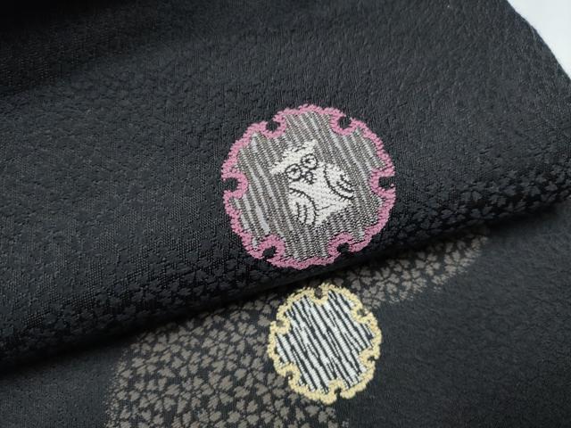 平和屋着物●六通柄袋帯　フクロウ　小花散らし　黒地　正絹　逸品　CABI0126hy