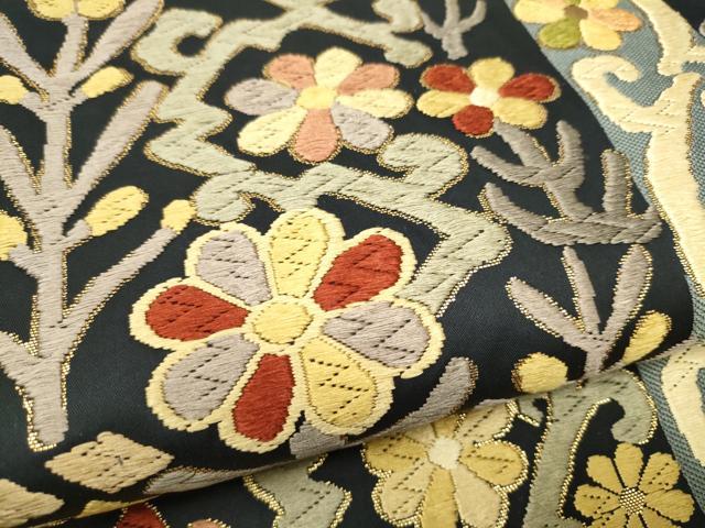 平和屋着物●六通柄袋帯　唐織　草花文　金糸　正絹　逸品　CABI0127hy